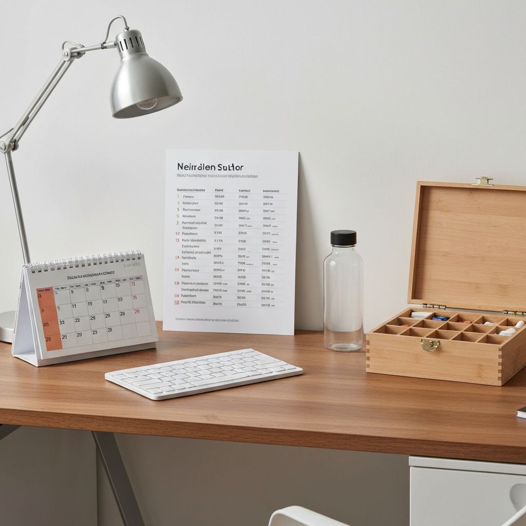 Organisierter deutscher Heimarbeitsplatz mit Supplement-Planer und Tagesplan